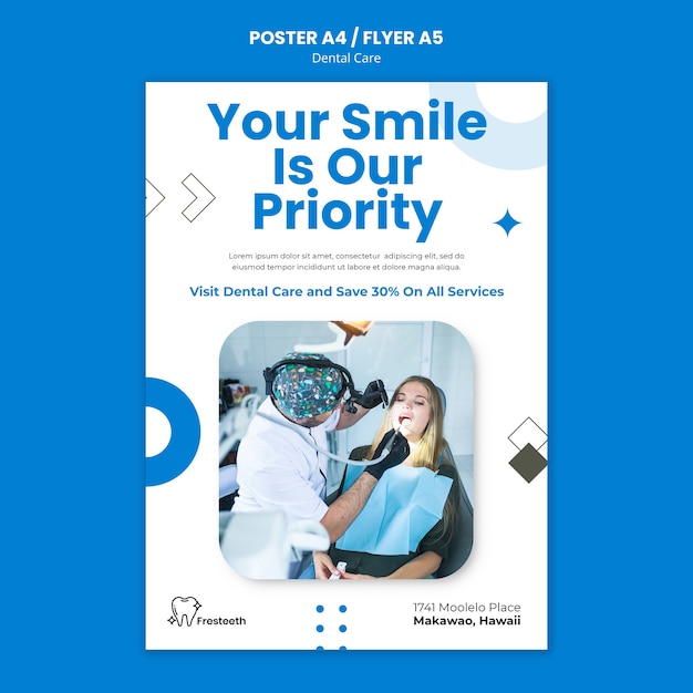 Free PSD flat design dental care poster or flyer template