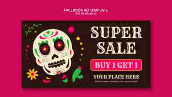 PSD gratuito modello di facebook per la celebrazione di flat design dia de muertos