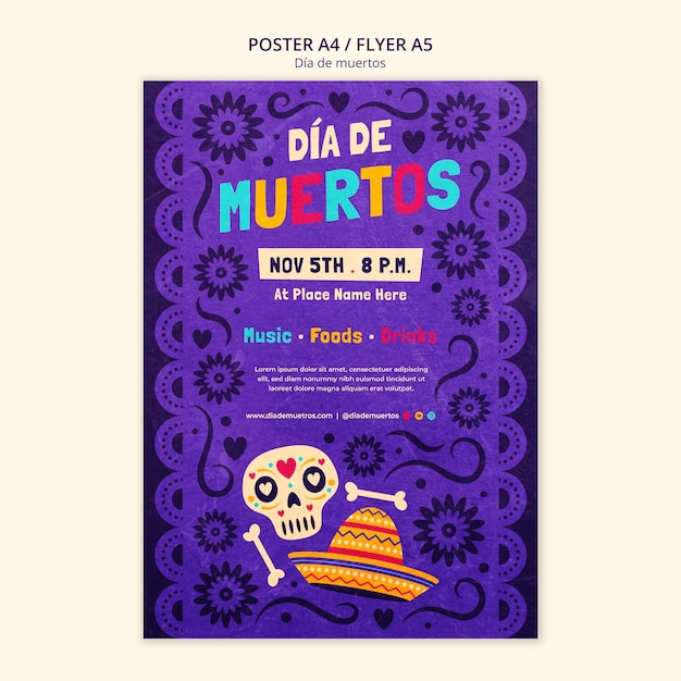 Modello di volantino design piatto día de muertos