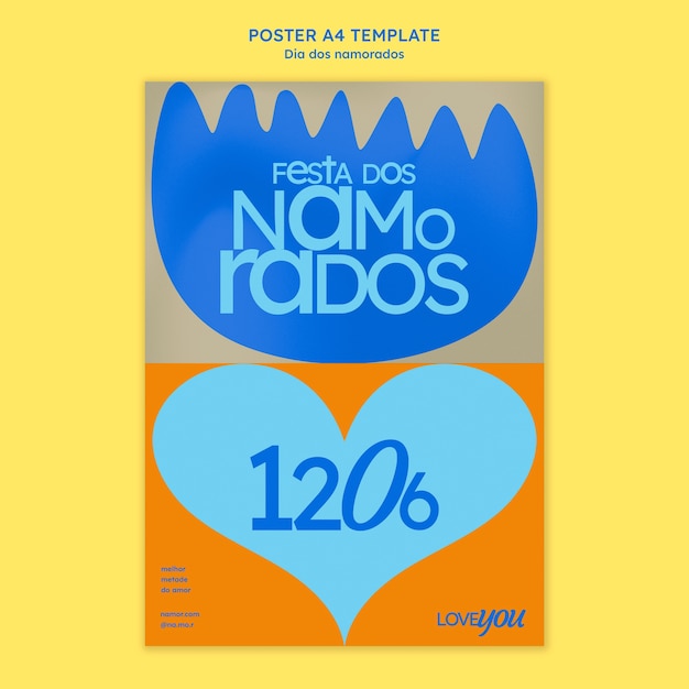 Бесплатный PSD Плоский дизайн шаблона плаката dia dos namorados