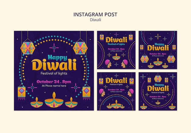 PSD gratuito modello di post instagram diwali design piatto