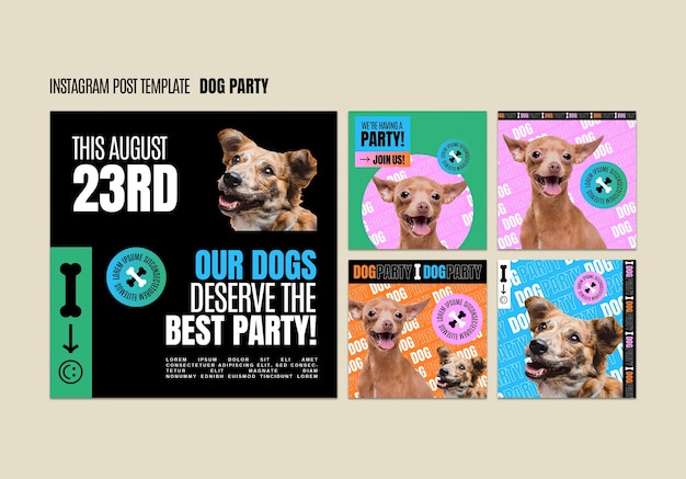 Free PSD flat design dog party instagram posts