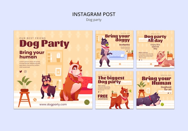 無料PSD フラットデザインのドッグパーティーのinstagramの投稿