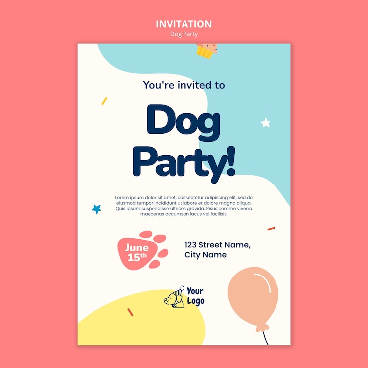 Free PSD flat design dog party invitation template