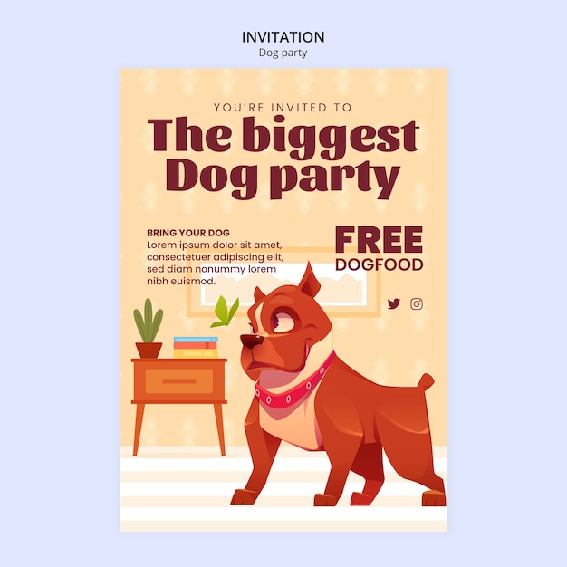 PSD gratuito modello di invito a una festa per cani dal design piatto