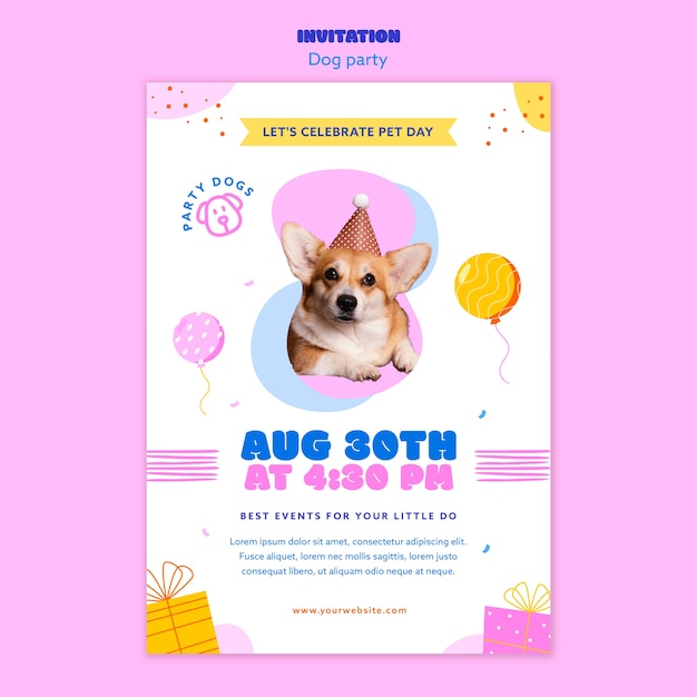 Flat design dog party invitation template