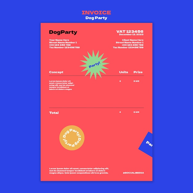 Flat design dog party invoice template