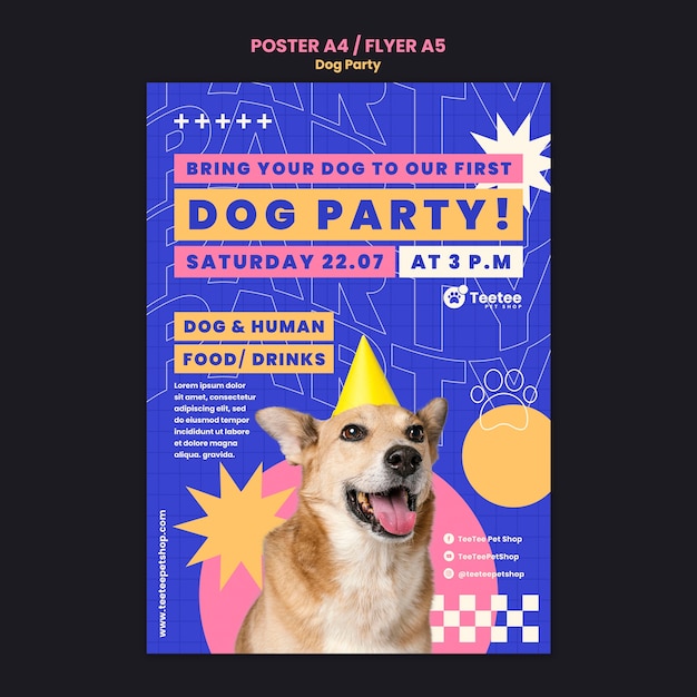 Free PSD flat design dog party poster template