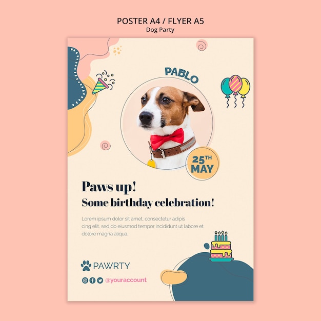 Free PSD flat design dog party poster template