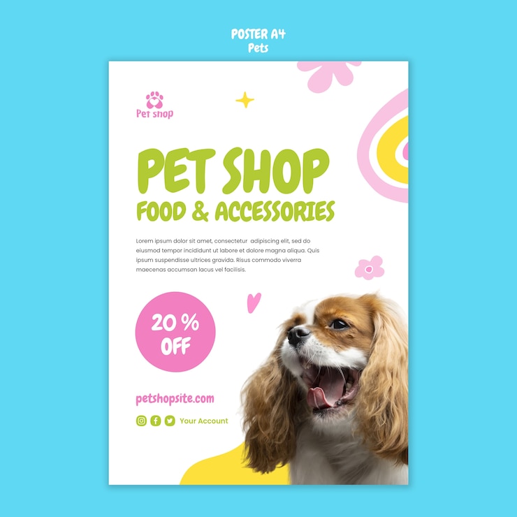 Free PSD flat design dog party poster template