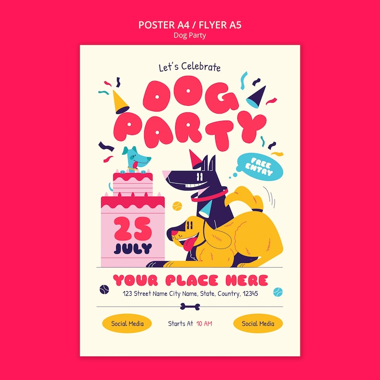 Free PSD flat design dog party poster template