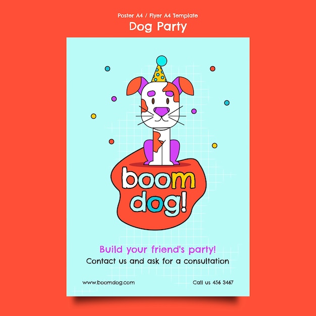 Шаблон плаката вечеринки с собакой в плоском дизайне