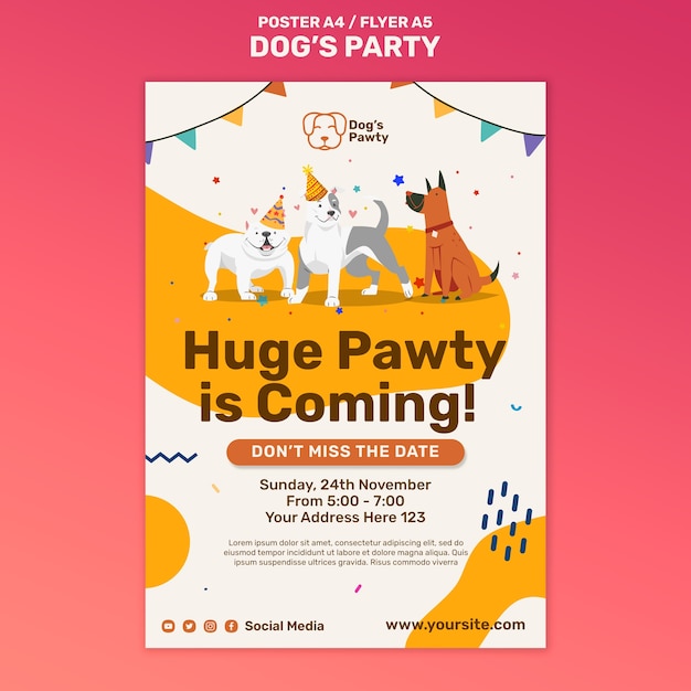 PSD gratuito modello di festa per cani design piatto