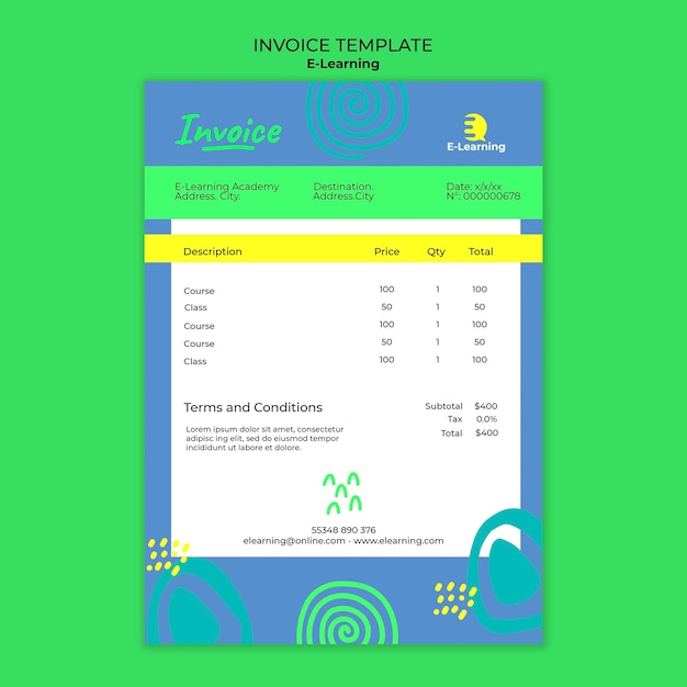 PSD gratuito modello di fattura di e-learning a disegno piatto