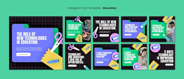 Flat design education concept Instagram posts – PSD Templates