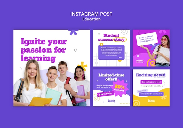 Free PSD flat design education concept instagram posts