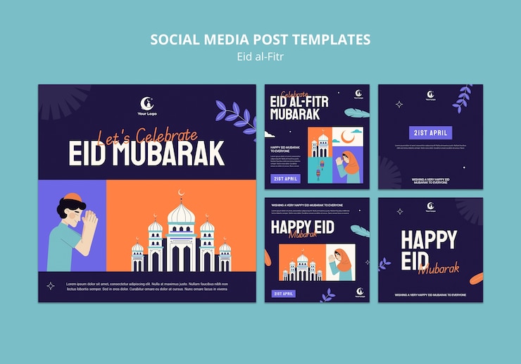 Бесплатный PSD плоский дизайн постов instagram eid al fitr