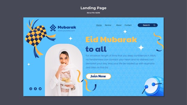 Flat design eid al fitr landing page  template