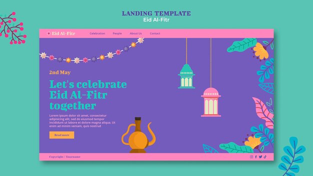 Flat design eid al fitr landing page template