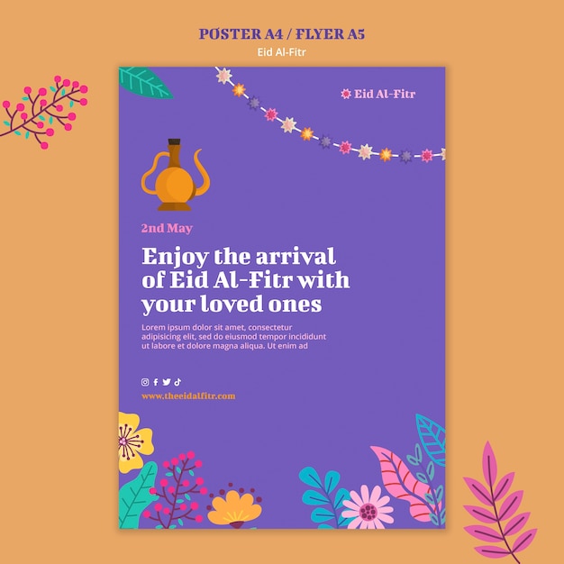 무료 PSD 평면 디자인 eid al fitr 포스터 템플릿