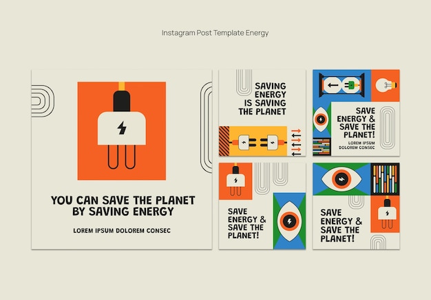 무료 PSD 평면 디자인 에너지 감소 인스 타 그램 포스트 세트