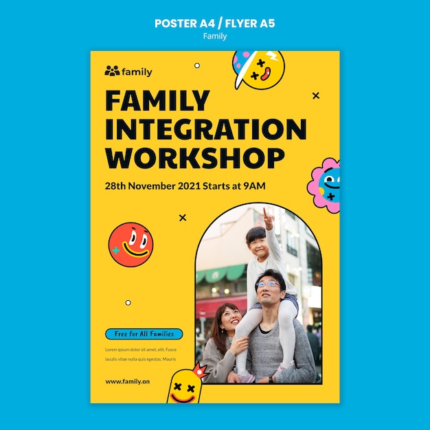 Flat design family poster or flyer design template