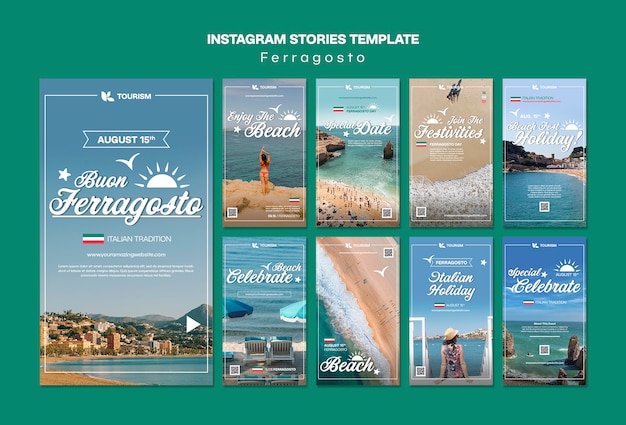 PSD gratuito storie di instagram per la celebrazione di ferragosto dal design piatto