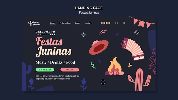 Modello di pagina di destinazione di festas juninas dal design piatto