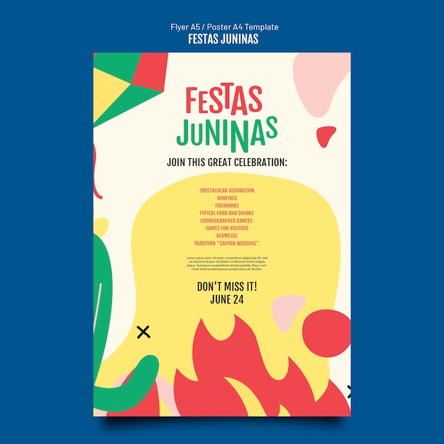 Бесплатный PSD Плоский дизайн шаблона плаката festas juninas