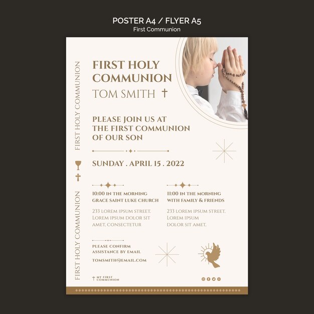 Flat design first communion poster template