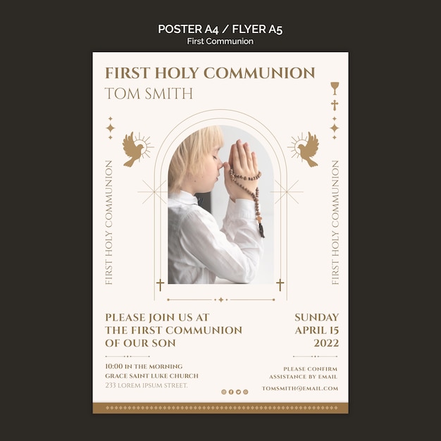 Free PSD flat design first communion poster template