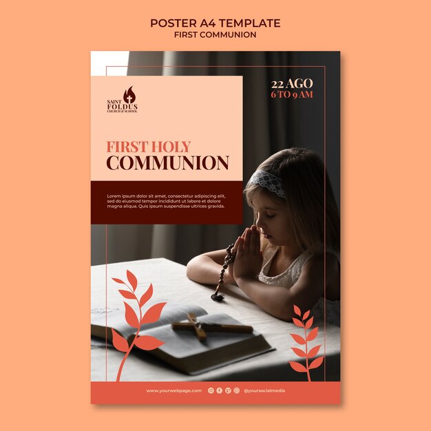 Free PSD flat design first communion poster template