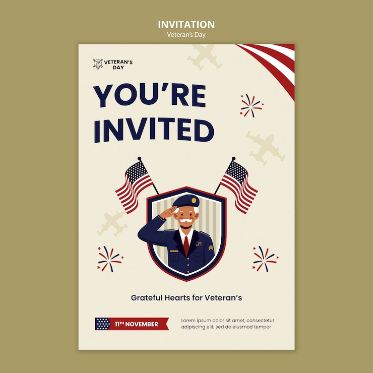 Free PSD flat design flveteran's day invitation template