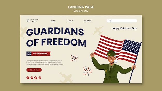 Free PSD flat design flveteran's day landing page