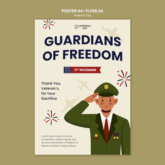 Free PSD flat design flveteran's day poster template