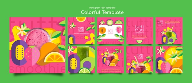 Free PSD flat design food colorful  instagram posts template