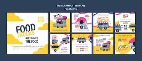 Free PSD flat design food festival instagram posts set