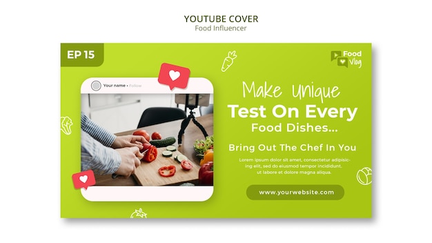 PSD gratuito modello di copertina di youtube per influencer di cibo dal design piatto