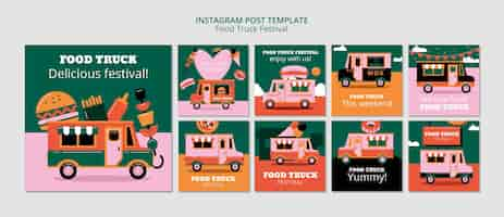 Free PSD flat design food truck festival instagram post set