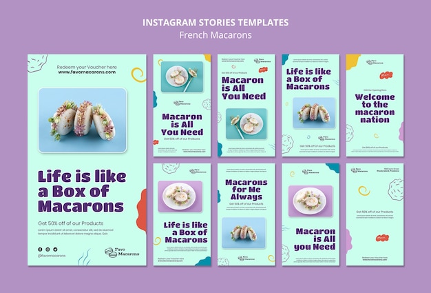 Free PSD flat design french macarons instagram stories