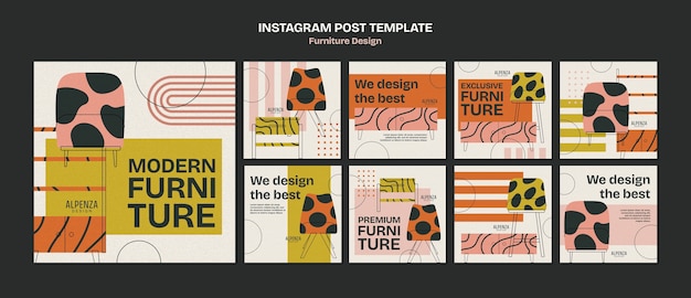 Бесплатный PSD Плоский дизайн мебели дизайн постов в instagram