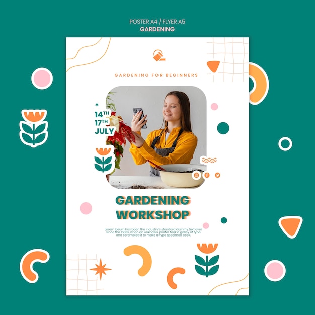 PSD gratuito modello di poster floreale giardinaggio design piatto