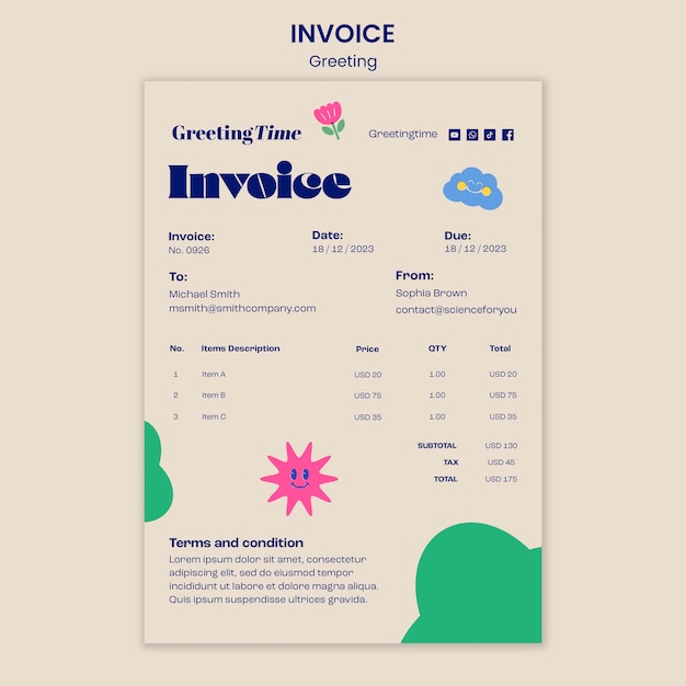 Flat design greeting invoice template