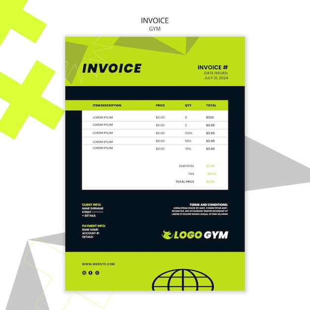 Free PSD flat design gym training invoice template