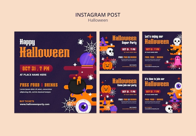 Flat design halloween instagram post template