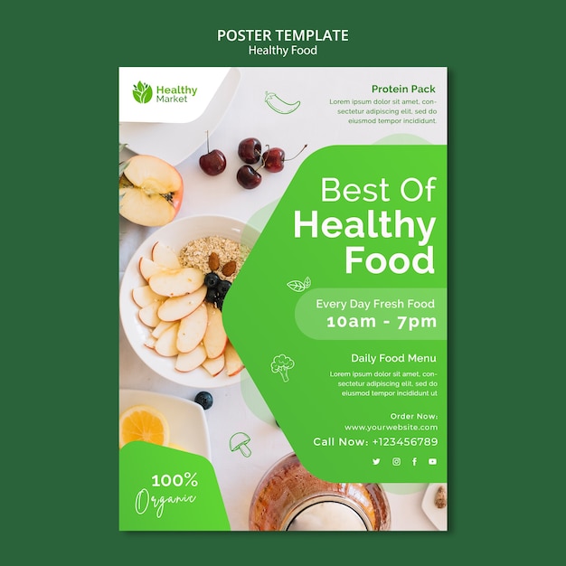 Плоский дизайн шаблона плаката здорового питания