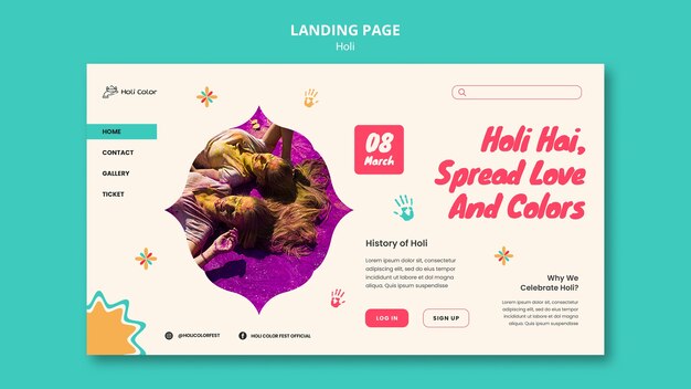 Flat design holi celebration landing page template