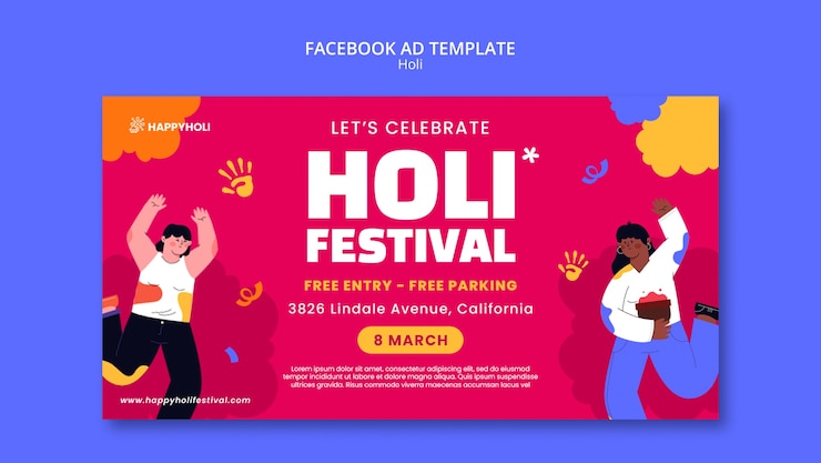 무료 PSD 평면 디자인 holi 축제 템플릿