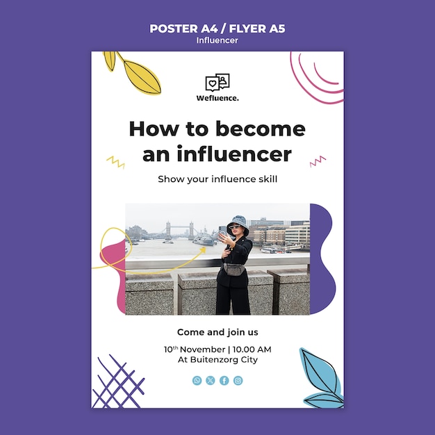 PSD gratuito modello di poster per il lavoro di influencer dal design piatto