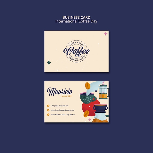 Flat design international coffee day business card template design